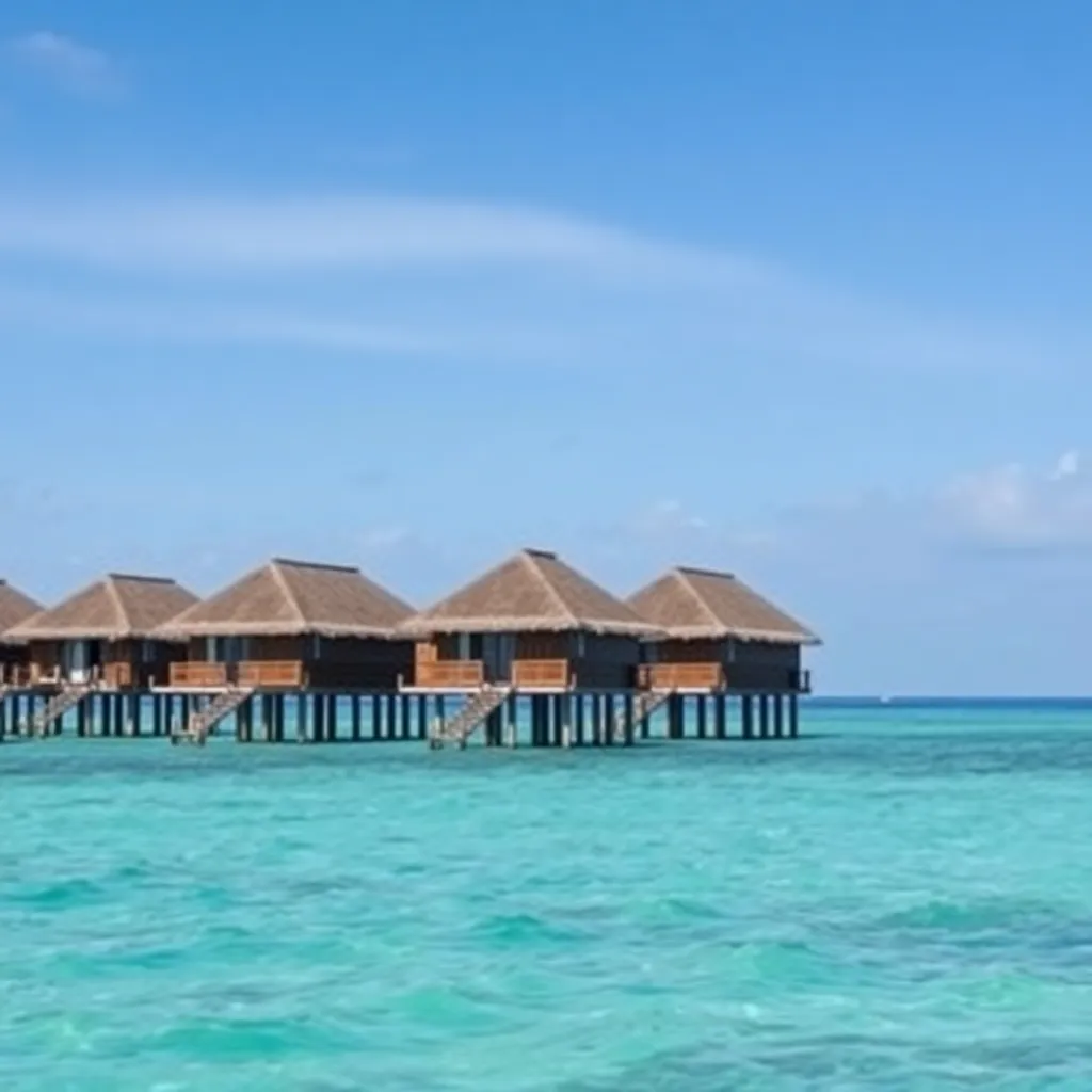 Overwater bungalows on ocean with blue sky and some clouds